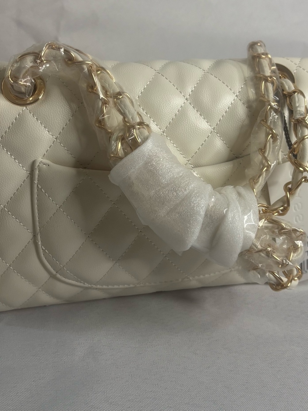 Quilted Cream Chain-Handle Shoulder Bag by